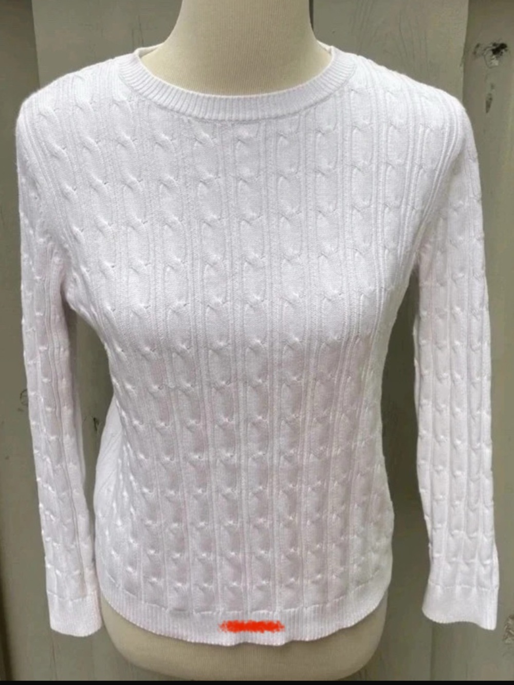 Kate Hill White Cable Knit Crewneck Sweater
